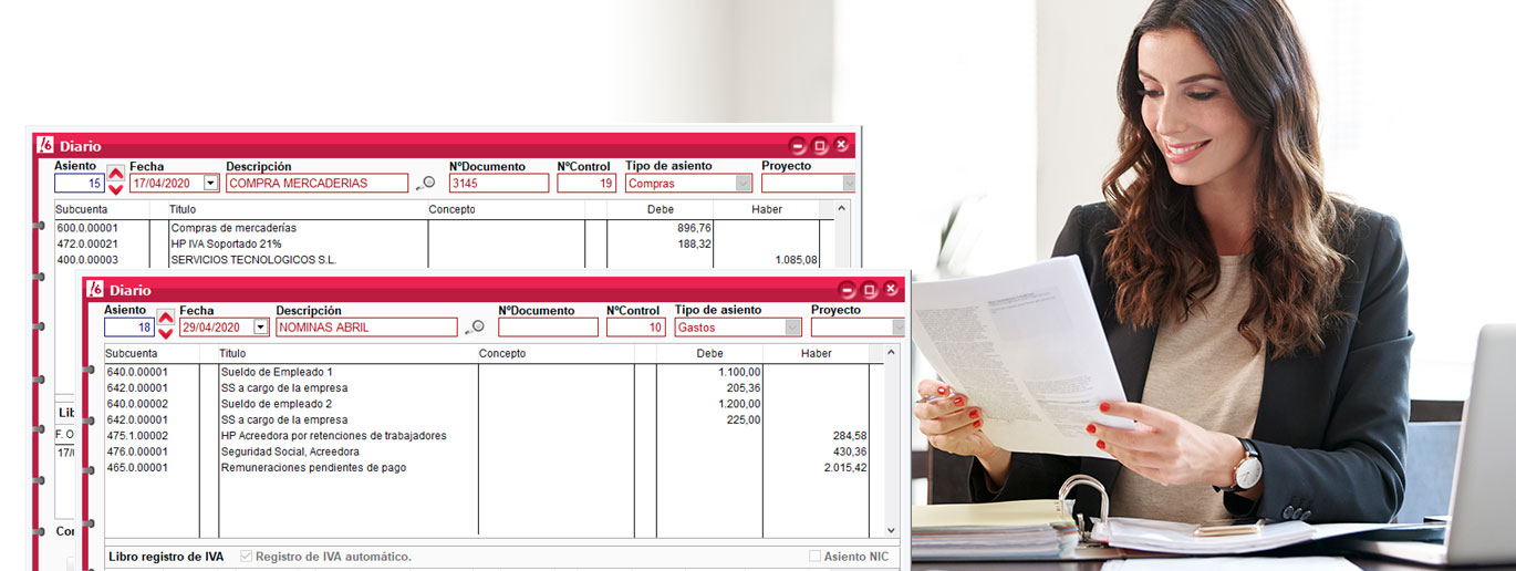 Mujer ejecutiva con archivador de facturas y portátil con Diario de programa de contabilidad ClassicConta