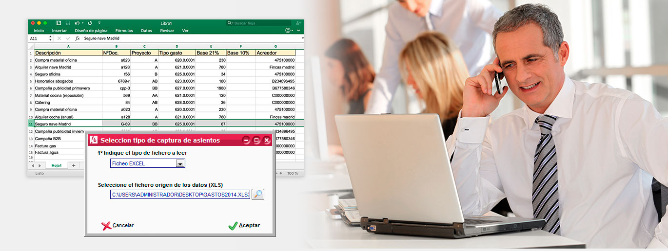 Ejecutivo contable trabajando con Excel y programa de contabilidad ClassicConta en su despacho