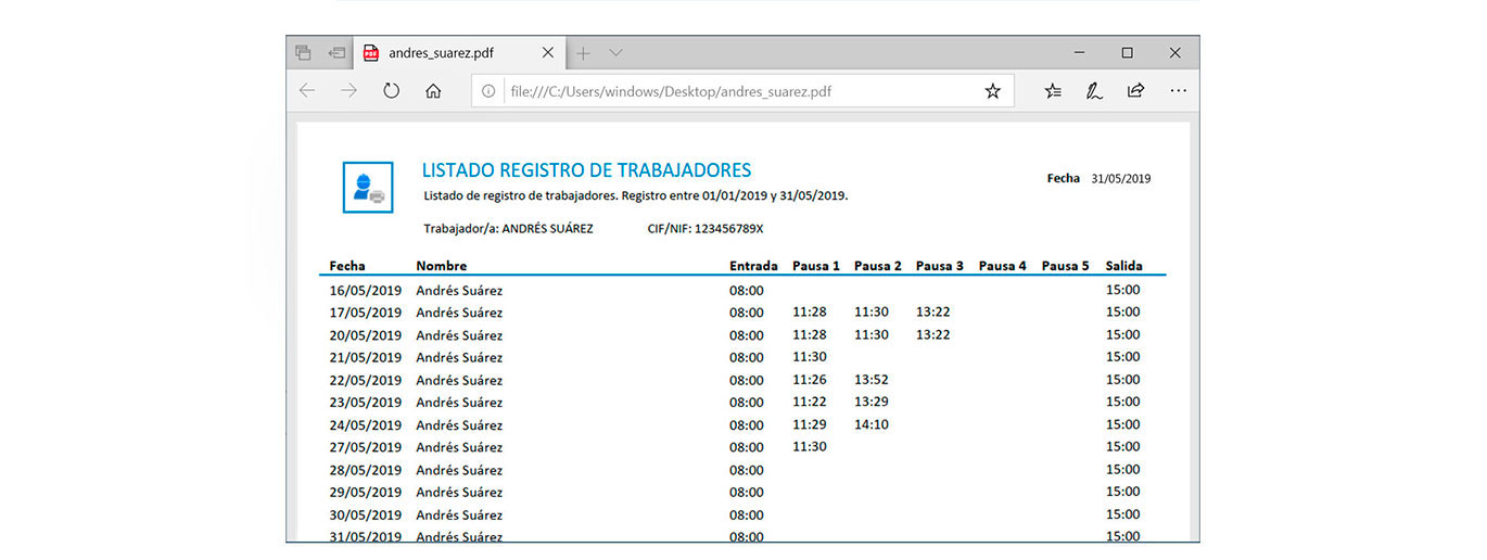 Listado de registro de trabajadores de Control horario de programa de gestión ClasssicGes