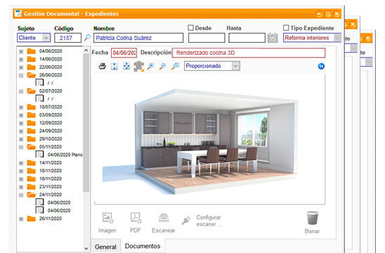 Ventana de gestión de expedientes de programa de gestión ClassicGes con imágenes de proyecto de salón en 3D