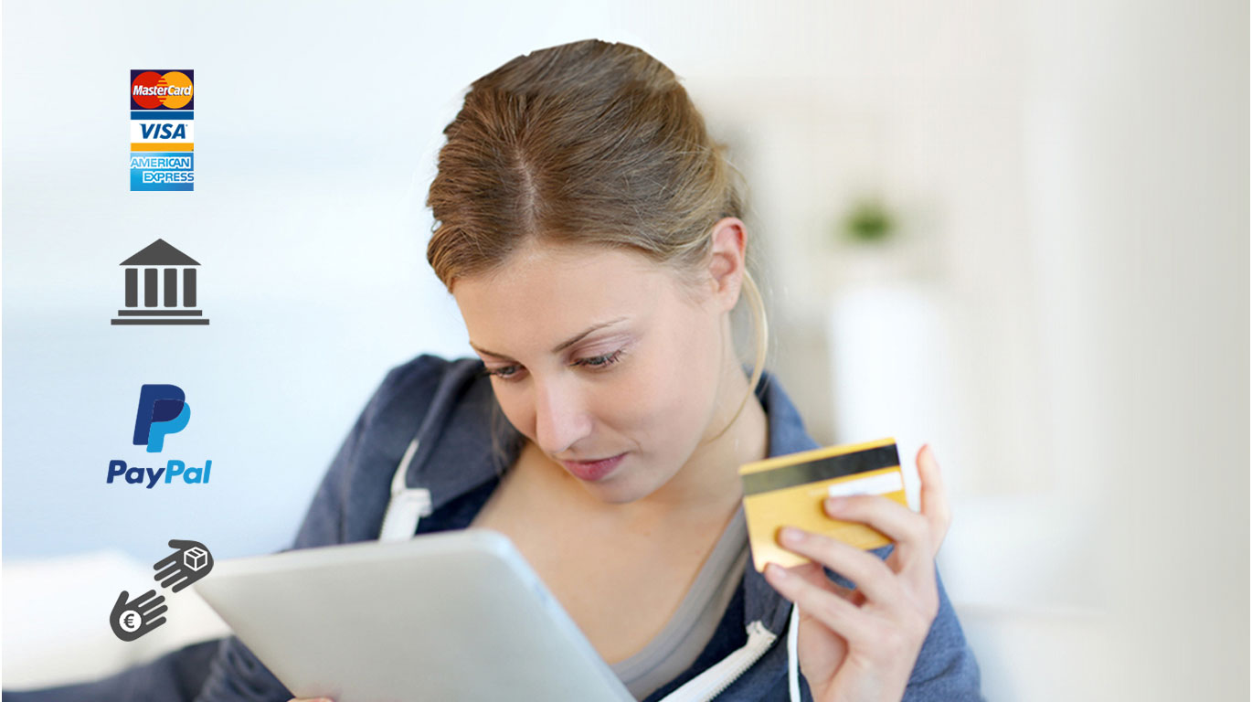 Compra en tienda online con formas de pago Visa, transferencia bancaria, Pay pal o contra reembolso