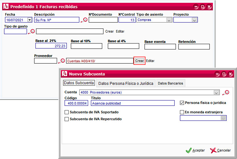 Crear subcuenta para el asiento predefinido de facturas recibidas de ClassicConta.