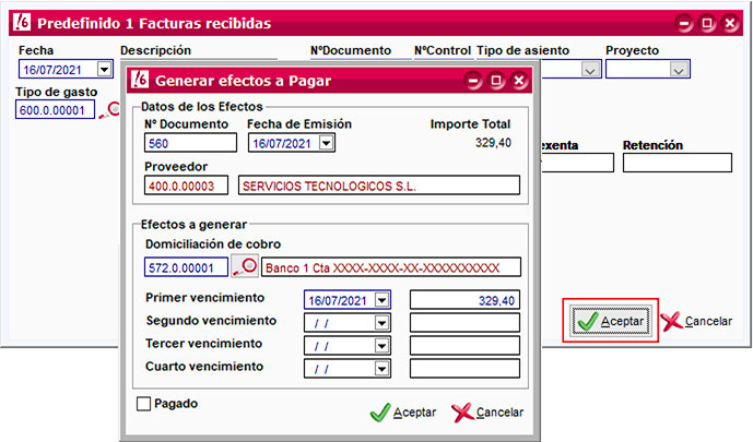 Generar efectos a pagar para el asiento predefinido de facturas recibidas de ClassicConta.