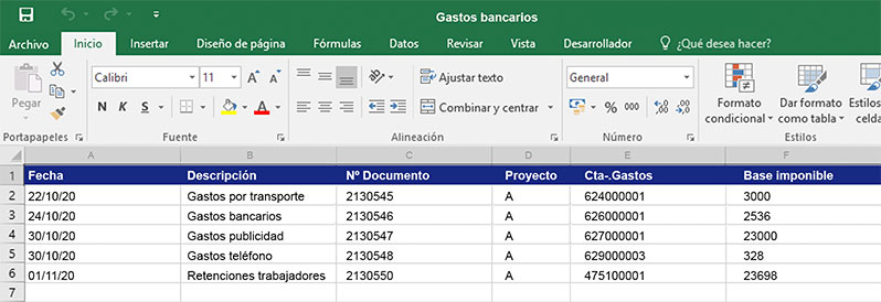 Fichero excel con gastos bancarios.