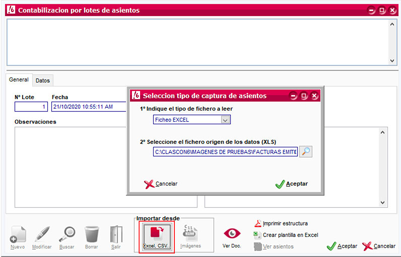 Selección de fichero excel para la contabilización automática de ClassicConta.