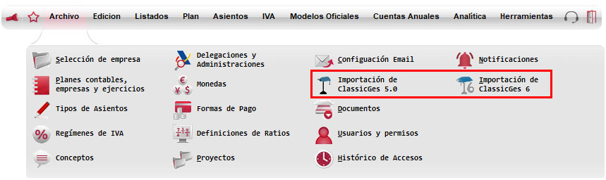 Menú importación de datos de ClassicGes a ClassicConta.