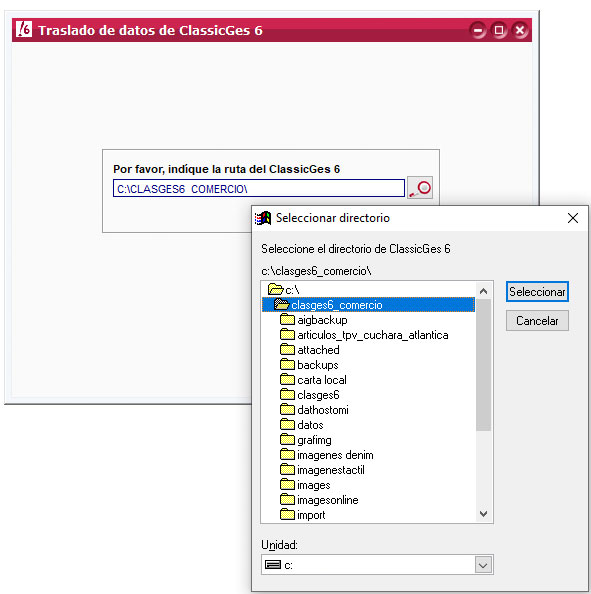 Seleccionar directorio en el asistente de importación de datos de ClassicGes a ClassicConta.