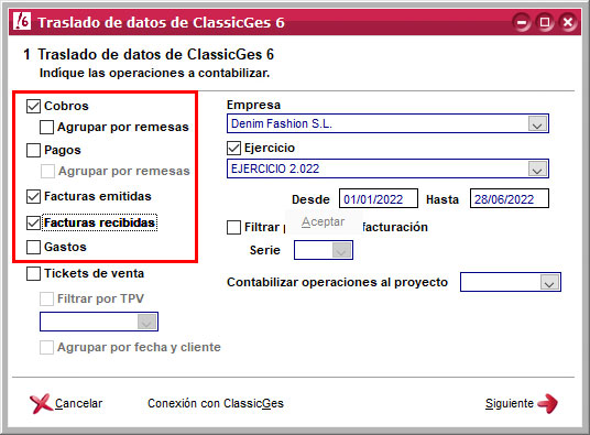 Indicar las operaciones a contabilizar en el asistente de importación de datos de ClassicGes a ClassicConta.