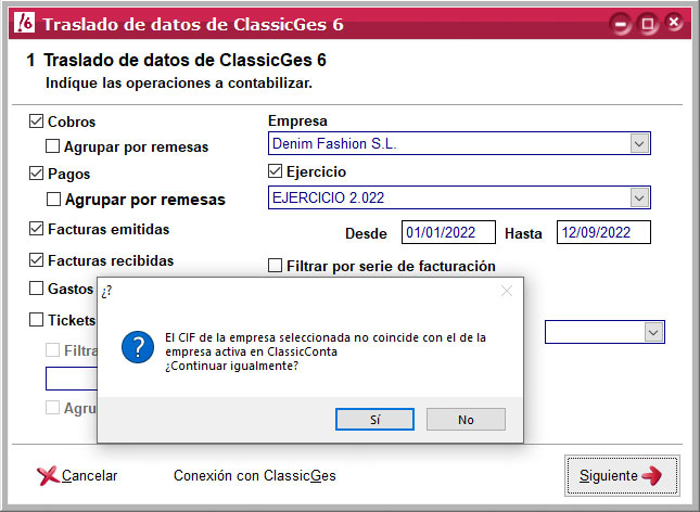 Indicar el CIF de la empresa en el asistente de importación de datos de ClassicGes a ClassicConta.