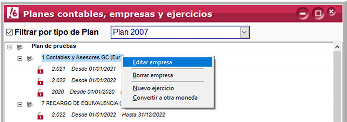 Editar los datos de la empresa desde el ejercicio contable en ClassicConta.