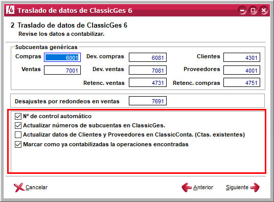 Configurar el traslado de datos en el asistente de importación de datos de ClassicGes a ClassicConta.