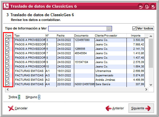 Revisar el traslado de datos en el asistente de  importación de datos de ClassicGes a ClassicConta.