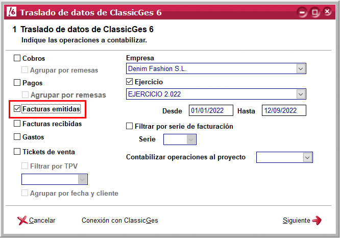 Contabilizar las facturas emitidas en el asistente de importación de datos de ClassicGes a ClassicConta.