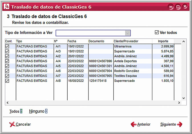 Revisar el traslado de datos en la importación de ClassicGes a ClassicConta.