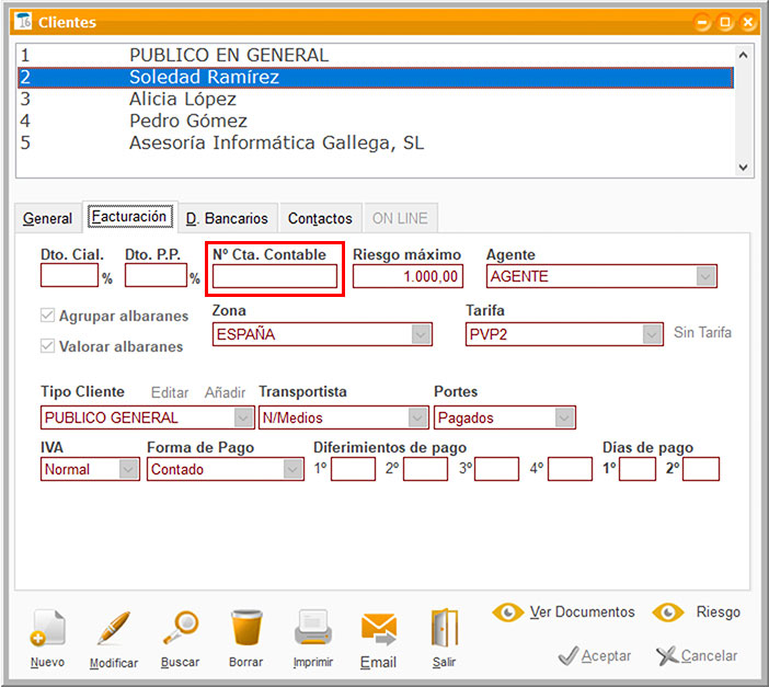 Ficha de clientes de ClassicConta.