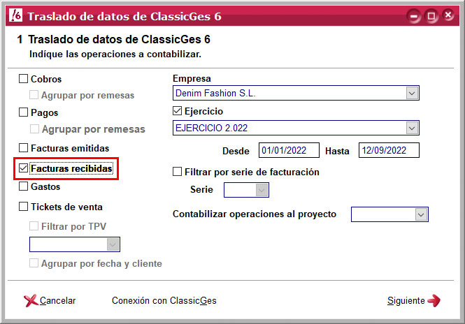 Contabilizar las facturas recibidas en el asistente importación de datos de ClassicGes a ClassicConta.