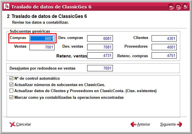 Revisar las compras a contabilizar en el asistente importación de datos de ClassicGes a ClassicConta.