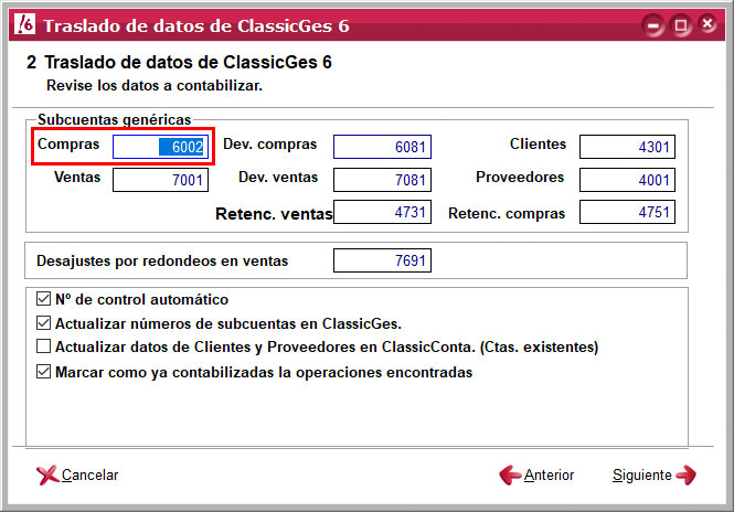 Revisar las compras a contabilizar en el asistente de importación de datos de ClassicGes a ClassicConta.