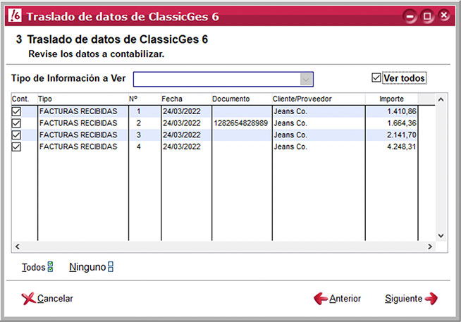 Revisar los datos a contabilizar en el asistente de importación de datos de ClassicGes a ClassicConta.