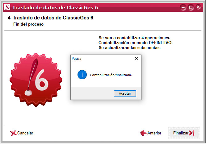 Fin del asistente de importación de datos de ClassicGes a ClassicConta.