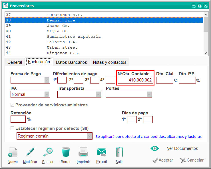 Número de cuenta contable de proveedor en ClassicConta.