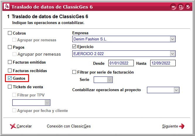 Contabilizar los gastos en la importación de datos de ClassicGes a ClassicConta.