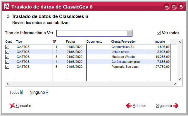 Revisar los datos a contabilizar en el asistente de importación de datos de ClassicGes a ClassicConta.