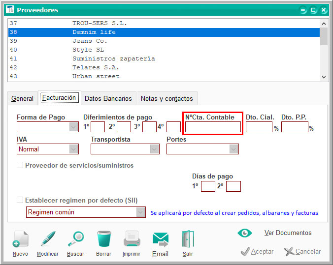 Número de cuenta contable de proveedor en ClassicConta.