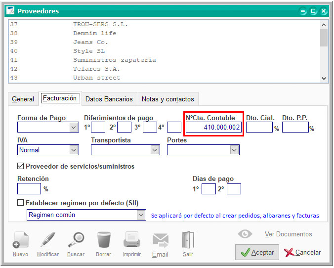 Número de cuenta contable de proveedor en ClassicConta.