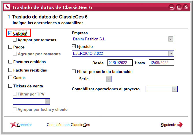 Contabilizar los cobros en el asistente de importación de datos de ClassicGes a ClassicConta.