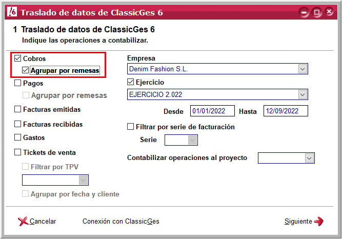 Contabilizar los cobros y agrupar por remesas en el asistente importación de datos de ClassicGes a ClassicConta.