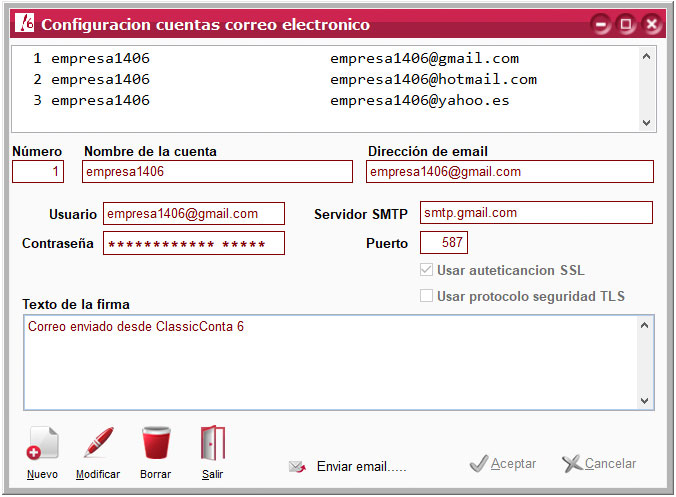 Configuración de una cuenta de correo electrónico en ClassicConta.