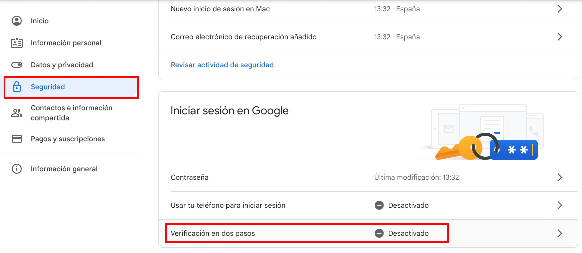 Configurar la seguridad de una cuenta de Google.