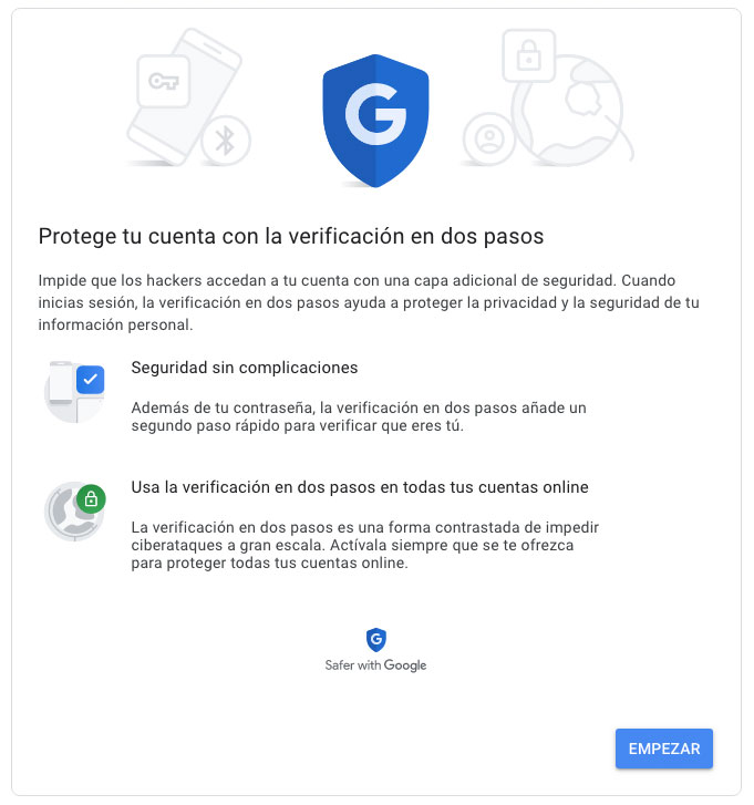 Asistente para la verificación en dos pasos de una cuenta de Google.