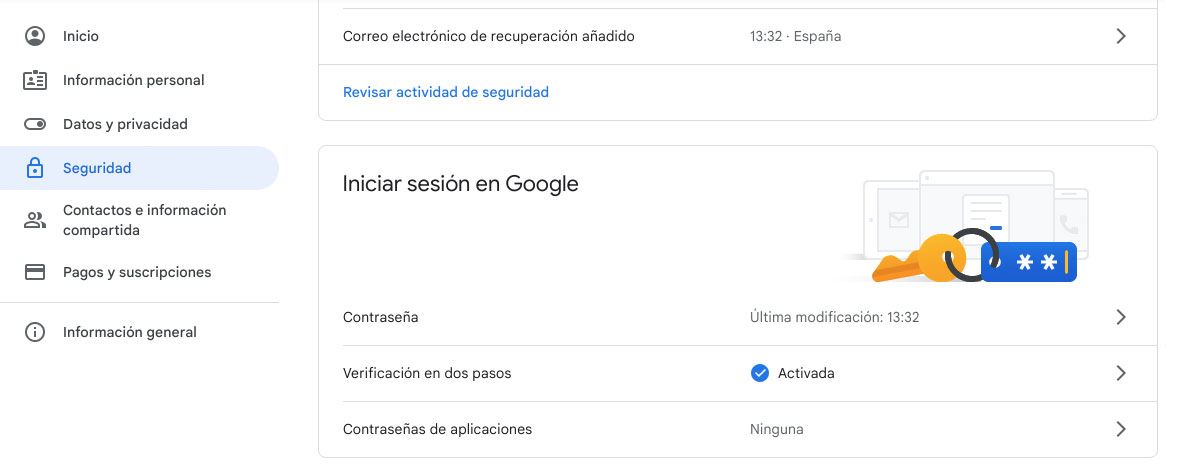 Verificación en dos pasos de una cuenta de Google activada.