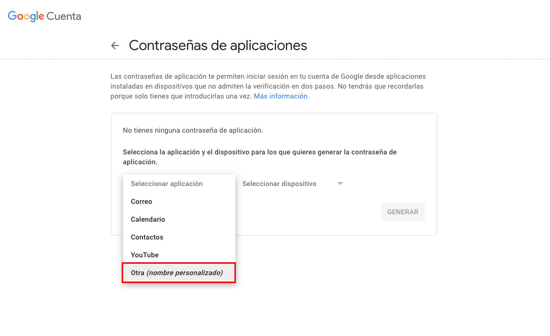 Añadir contraseña de aplicación a una cuenta de Google.