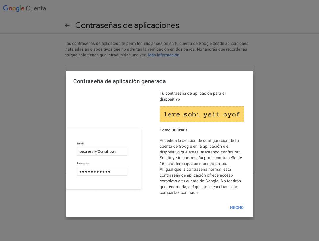 Contraseña de aplicación generada.