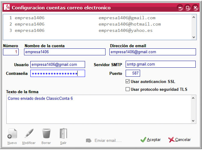 Configuración de cuentas de correo electrónico en ClassicConta.