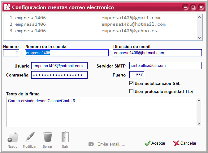 Configuración de cuentas de correo electrónico en ClassicConta.