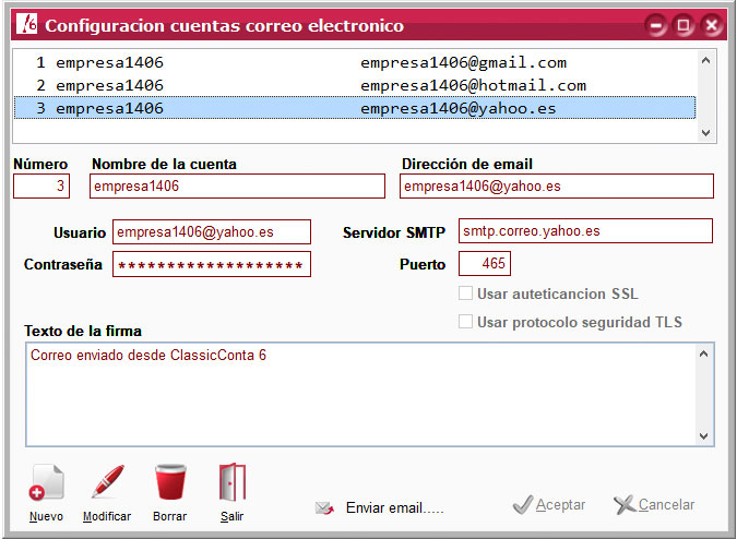 Configuración de cuentas de correo electrónico en ClassicConta.