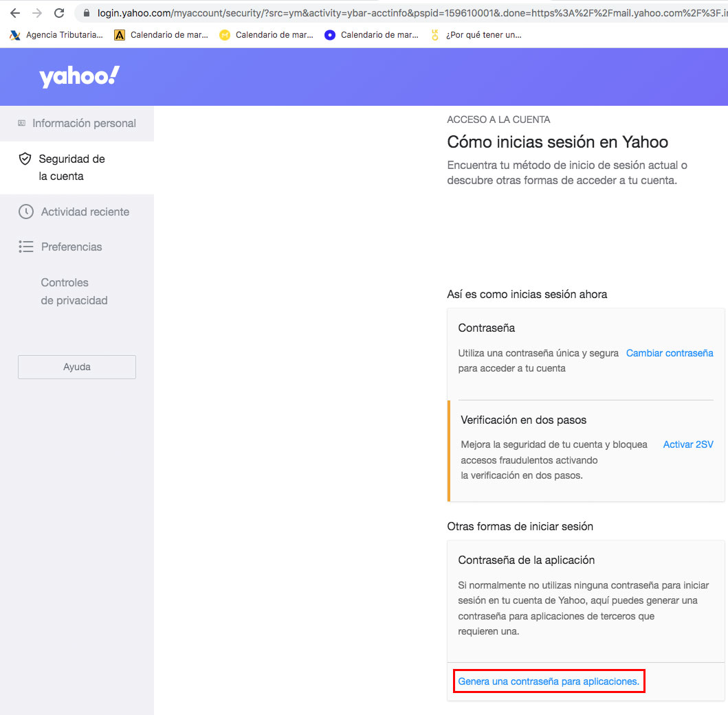 Generar contraseña para aplicaciones en la cuenta de Yahoo.