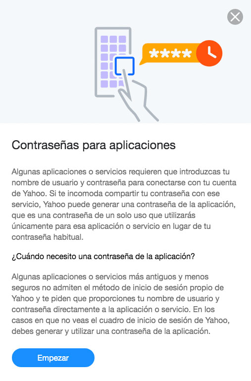 Empezar asistente para generar contraseña para aplicaciones en la cuenta de Yahoo.