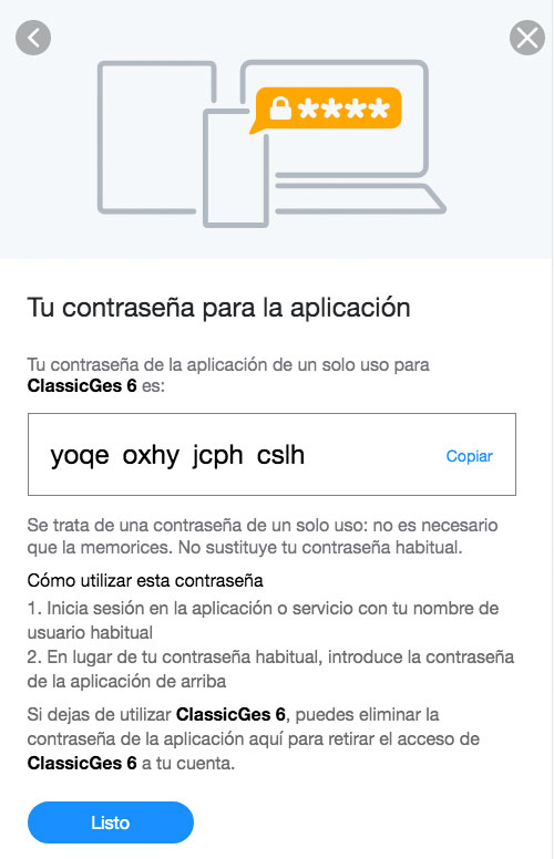 Contraseña para ClassicGes en la cuenta de Yahoo generada con éxito.