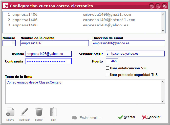 Configuración de cuentas de correo electrónico en ClassicConta.