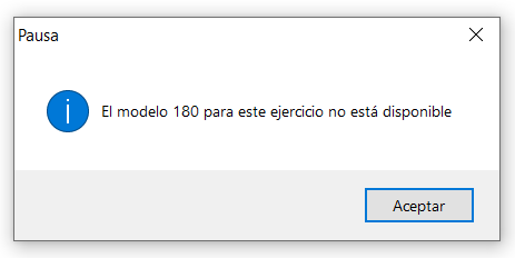Aviso de que el modelo 180 no está disponible en ClassicConta.