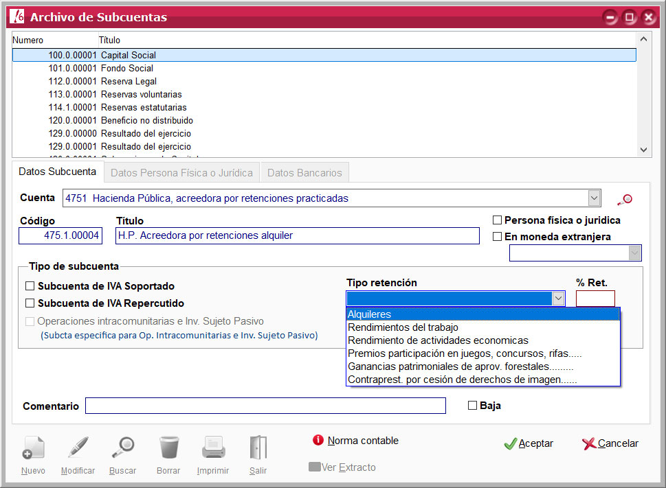 Selección de tipo de retención por subcuenta en ClassicConta.