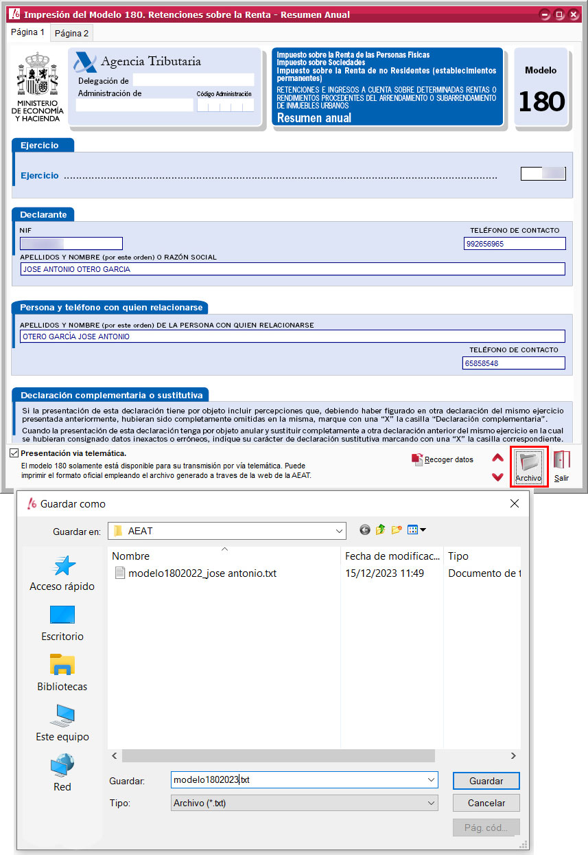 Guardar archivo de modelo 180 de Hacienda - Retenciones sobre la renta de ClassicConta.