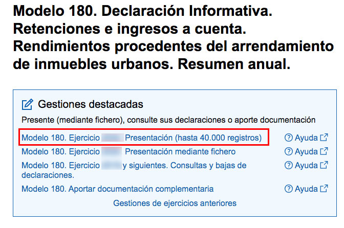 Presentación del modelo 180 de Hacienda en la web de la Agencia tributaria.