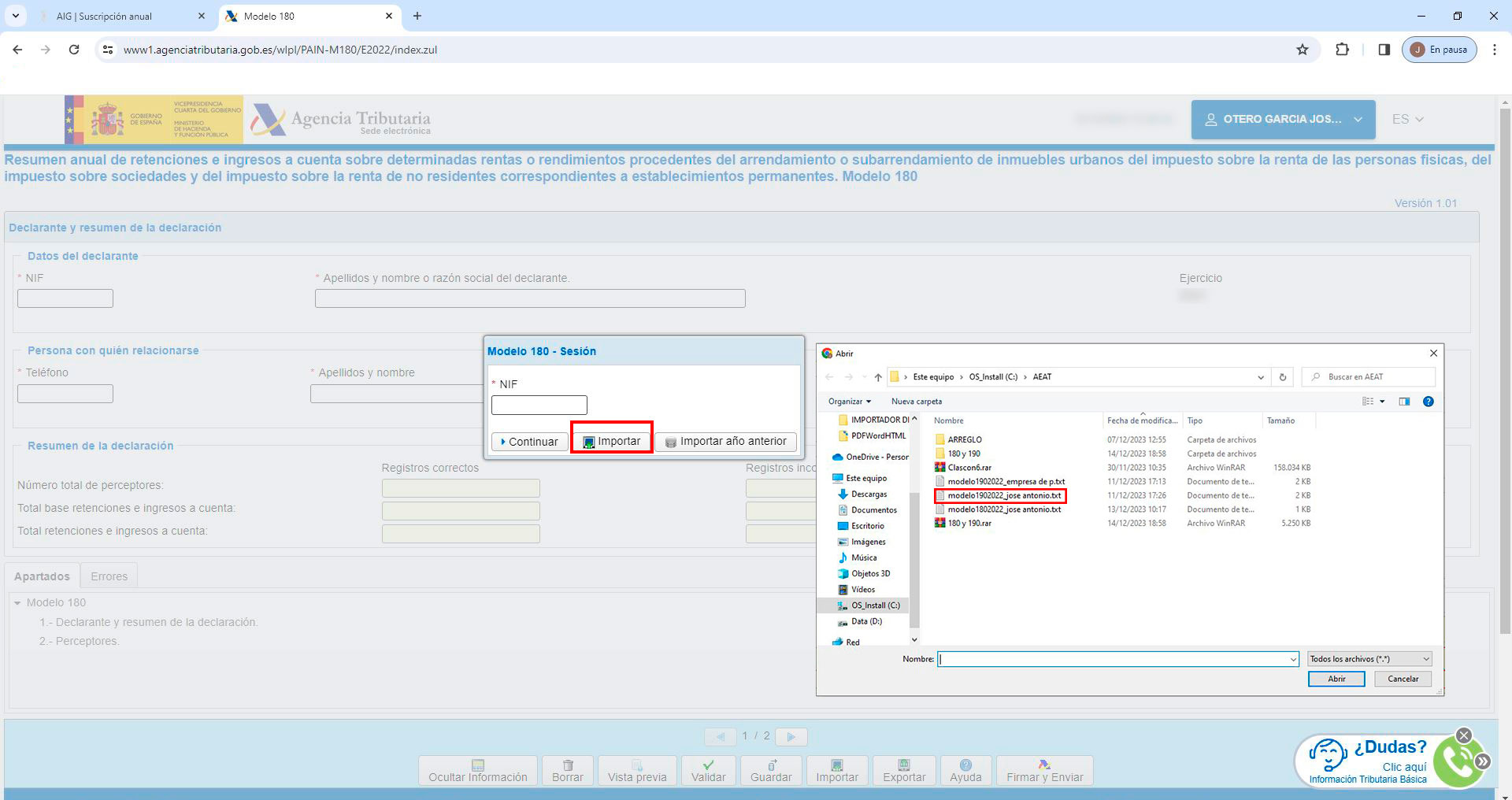 Importar archivo para la presentación del modelo 180 en la web de la Agencia tributaria.
