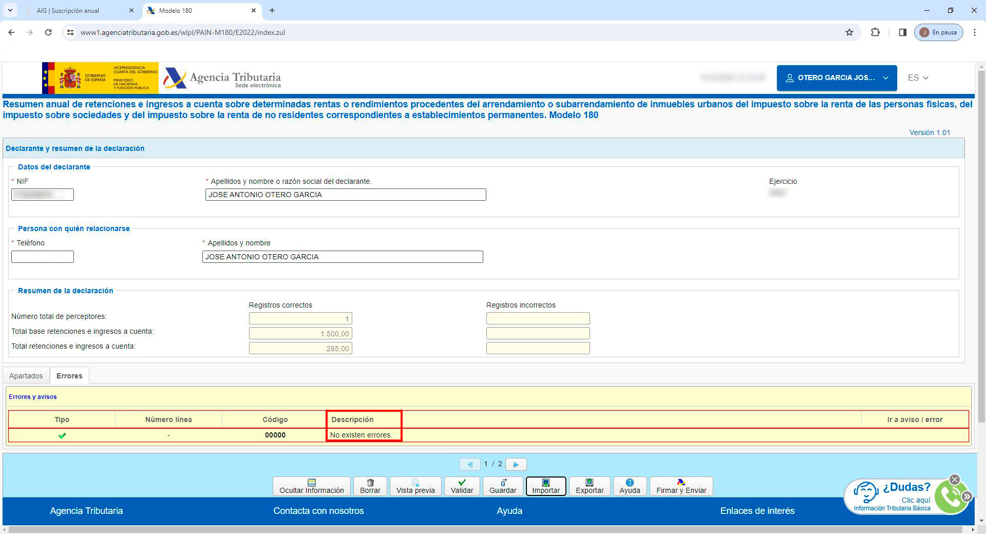 Verificar datos en la presentación del modelo 180 en la web de la agencia tributaria.